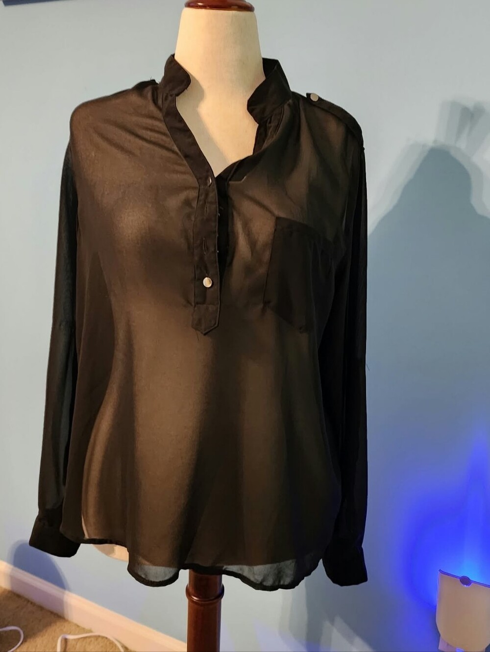 Zanzea Black Sheer V-Neck Button Pullover Blouse